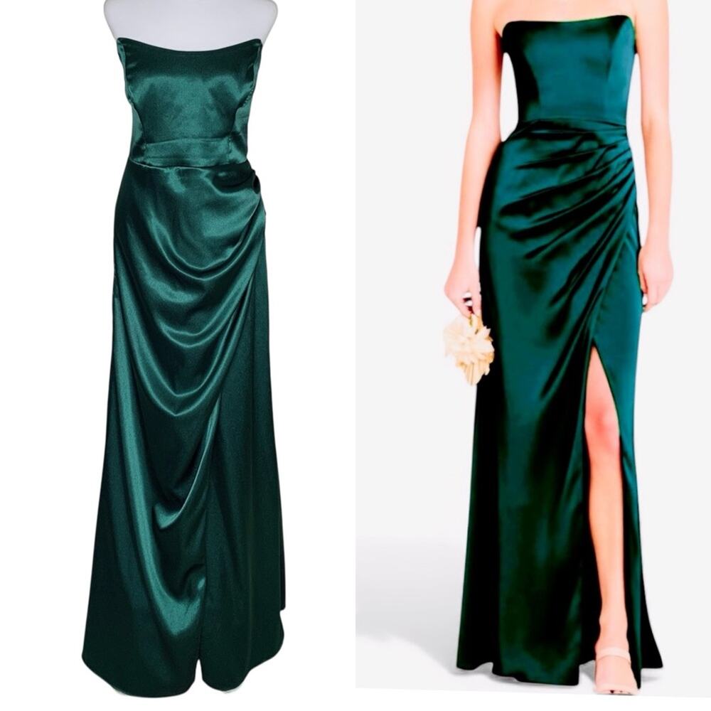 Birdy Grey Emerald Green Satin Gown L Strapless Corset Ruched Side Slit Prom 12